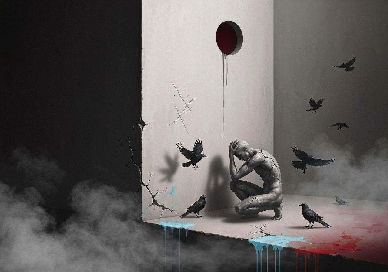 Surreal Ink Painting of Crouching Figure with Crows