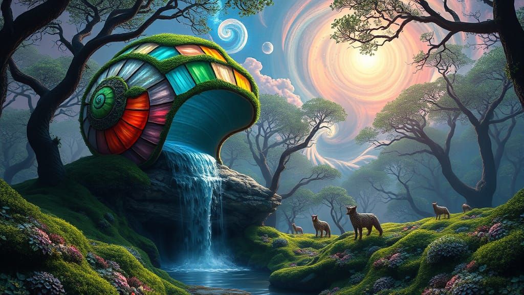 Waterfall on Snail Shell in Stained Glass Forest