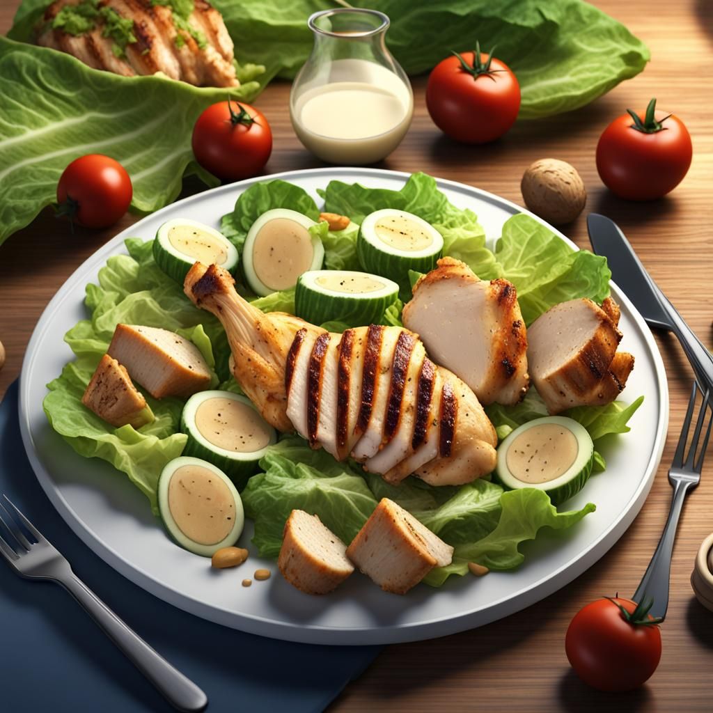 Hyperdetailed Chicken Caesar Salad Still Life