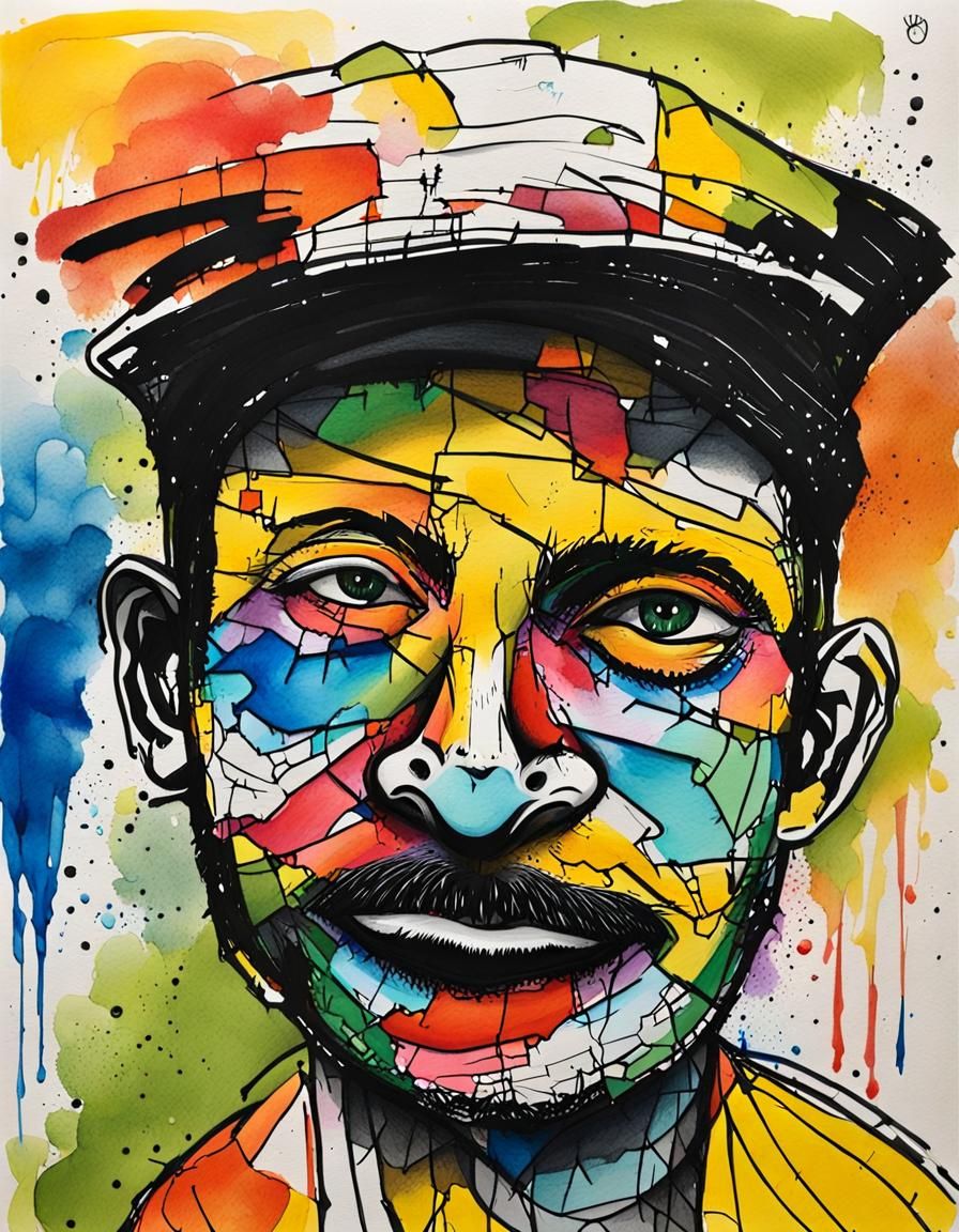 Abstract Happy Face in Gouache and Ink