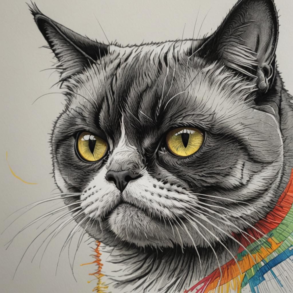 Grumpy Cat Surreal Charcoal Drawing with Rainbow Gradient