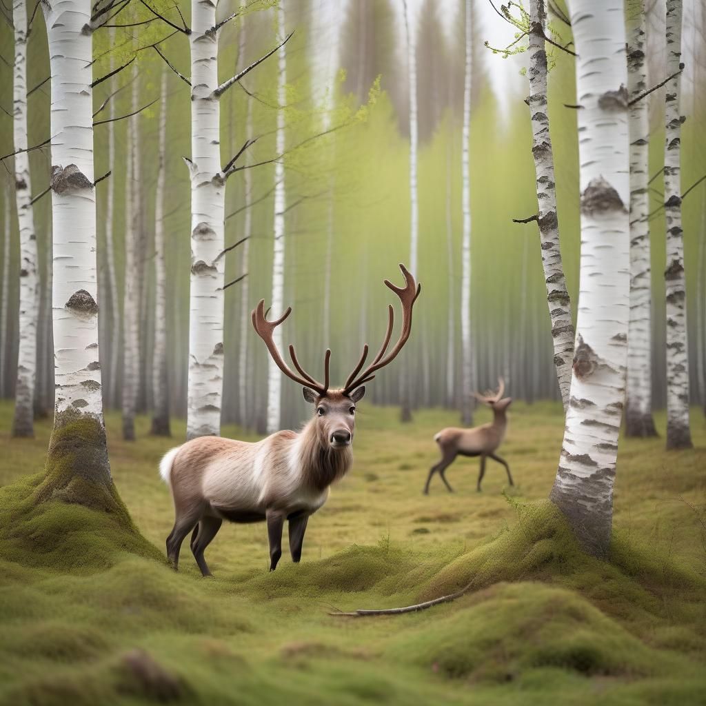 Reindeer in Spring Birch Forest: Professional Photography