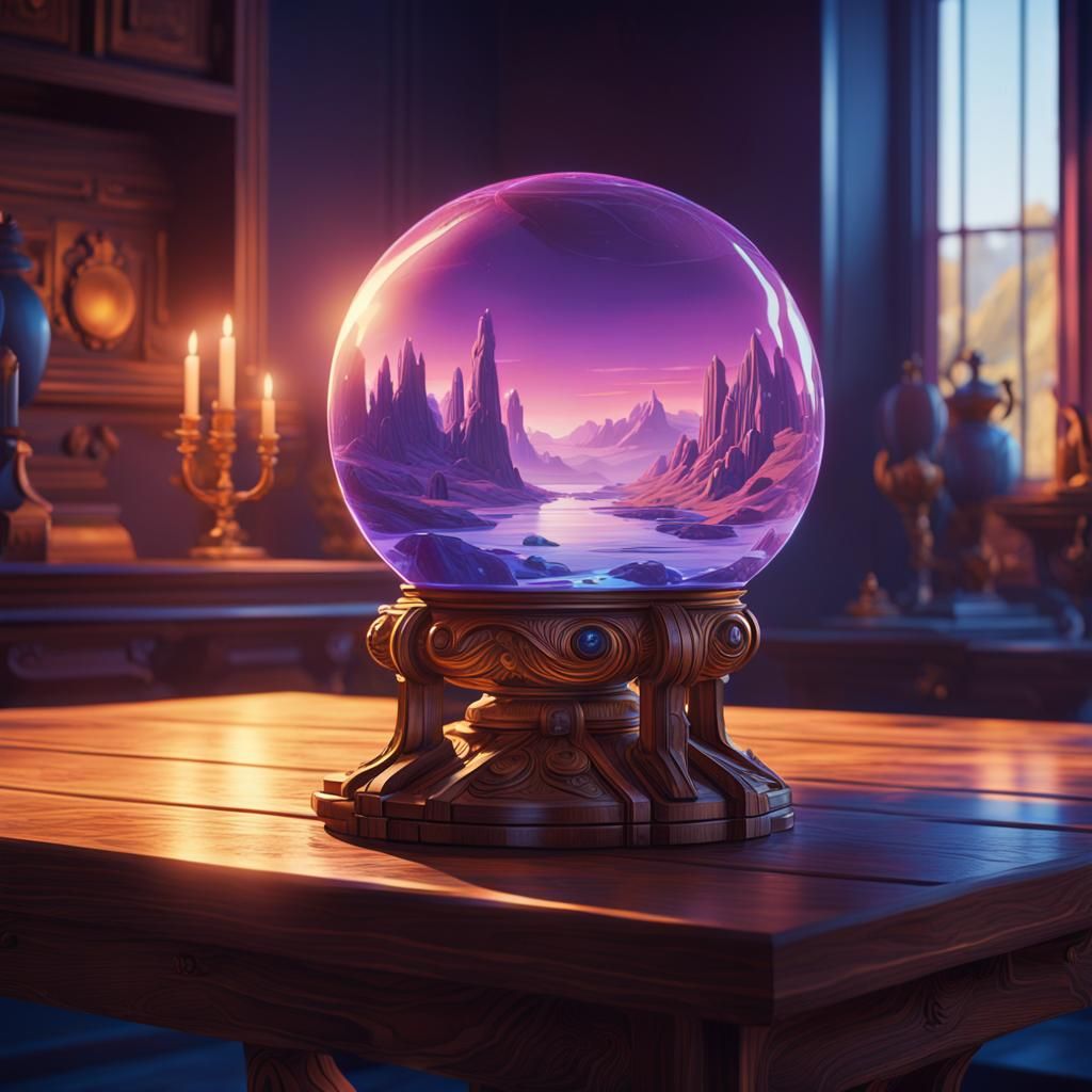 Glowing Crystal Orb on Ornate Table, Fantasy Art