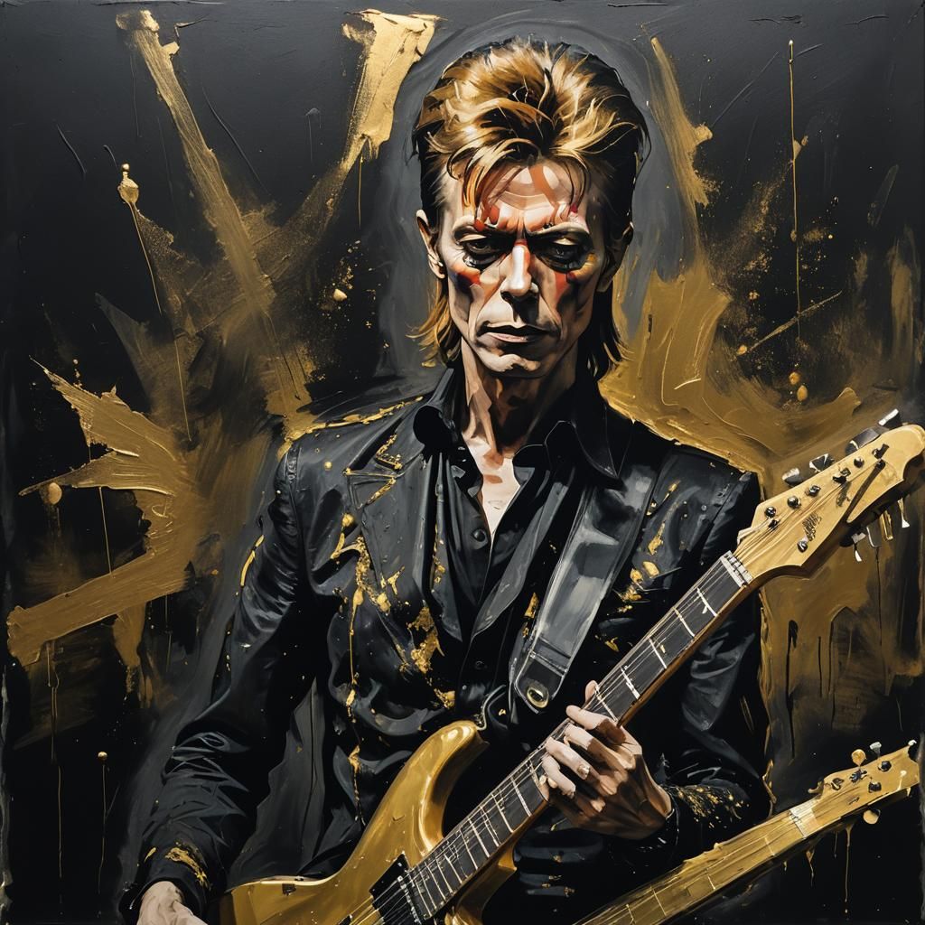 Black and Gold Guitarist Painting in Grunge Style