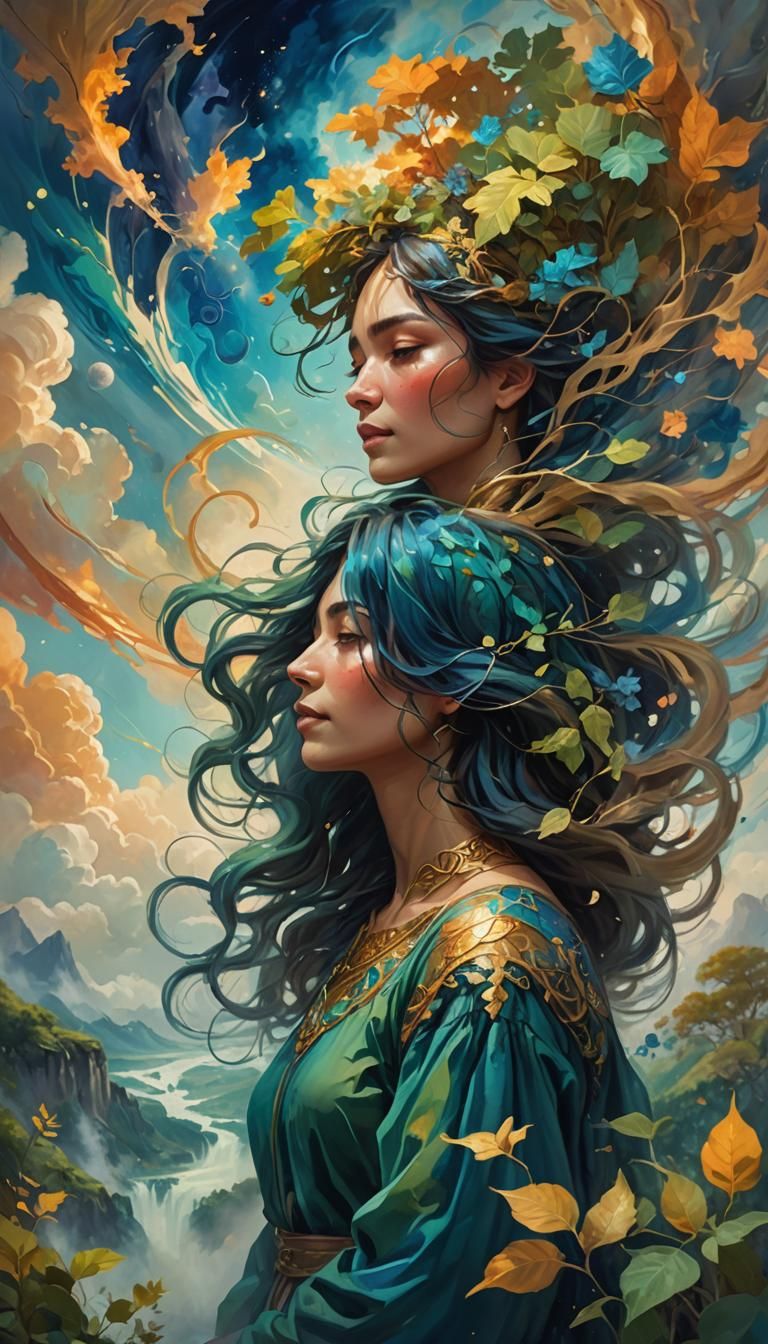 Woman Embracing Earth: Vibrant Oil Painting Concept