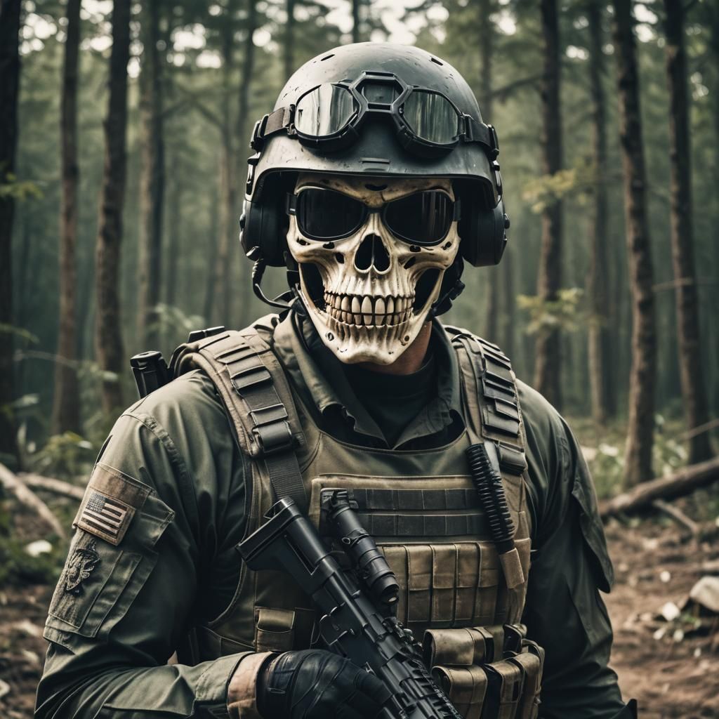 Special Ops Soldier with Skull Mask: Cinematic Film Still