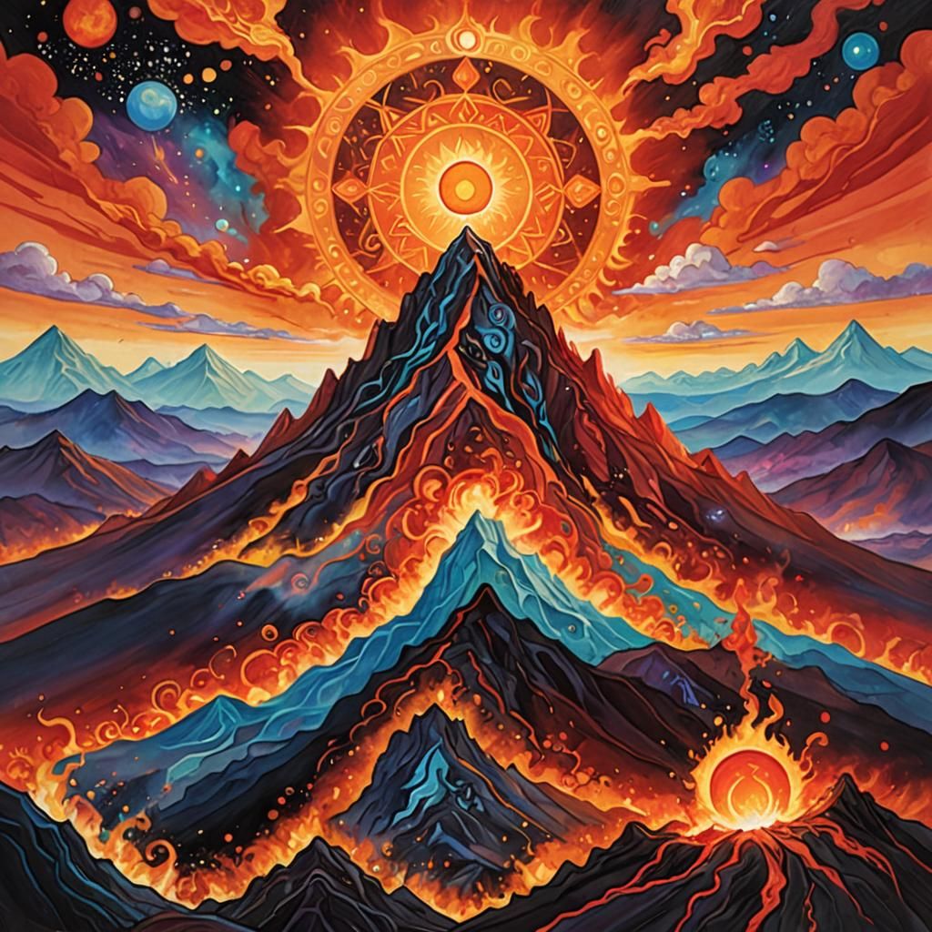 Fiery Mountain Landscape with Sun, Luminous Art