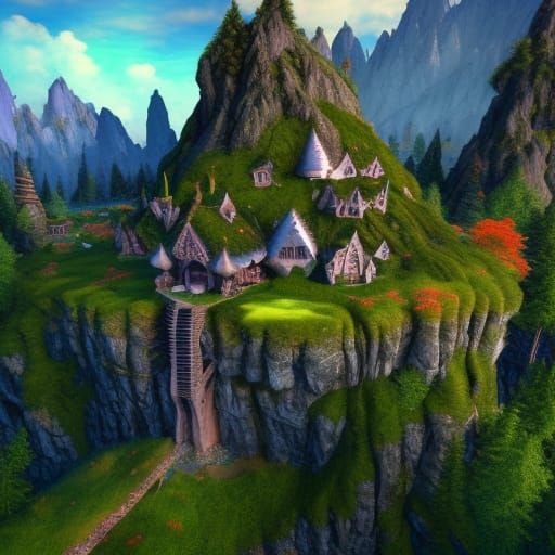 Elven Home in Mountain Landscape: Fantasy Art