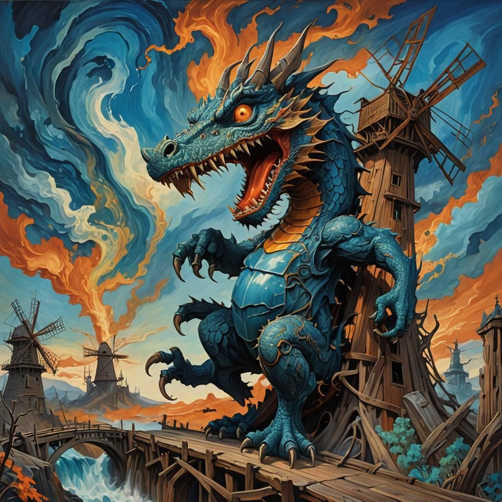 Screaming Dragon on Twisted Bridge, in Maximalist Style