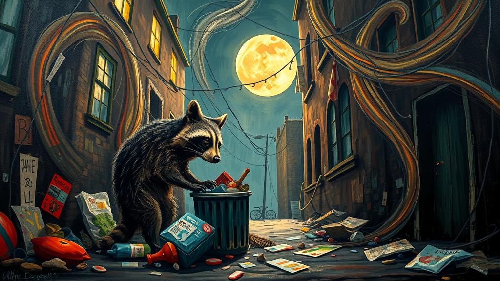 Abstract Raccoon in Dystopian Surrealist Alley