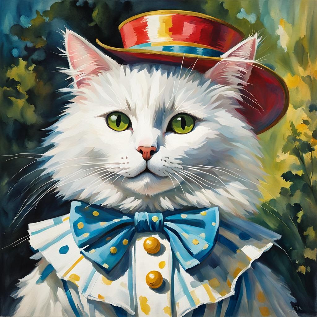 White Cat as Alice Character in Gouache Style