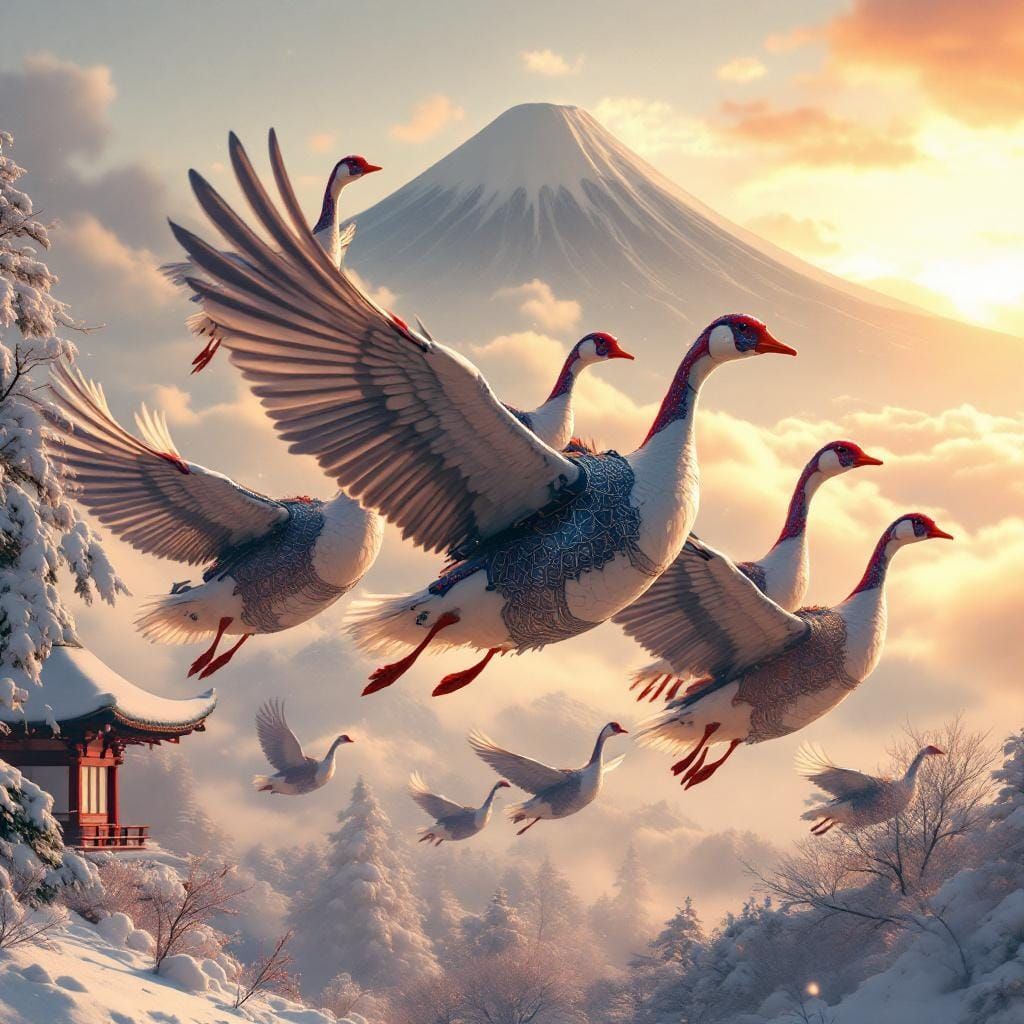 Armored Geese Fly Over Snowy Japanese Landscape