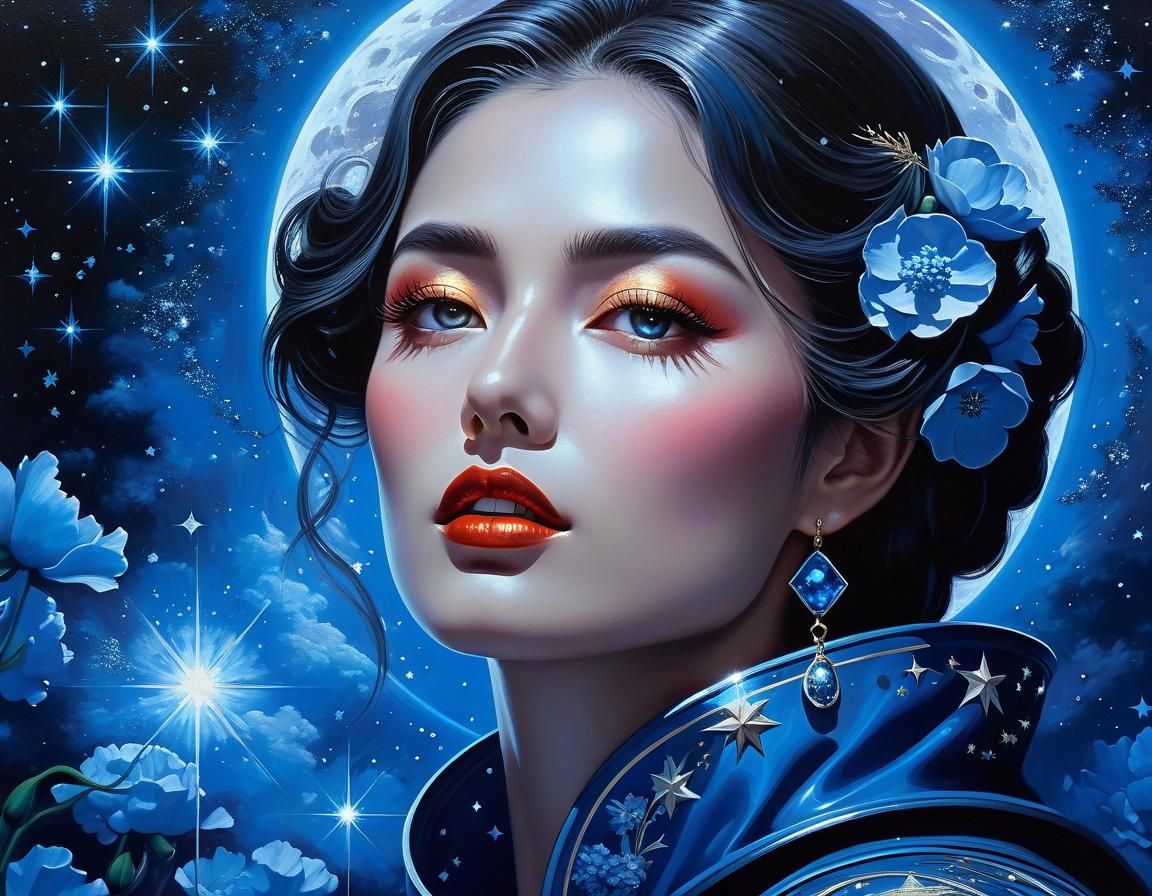 Blue Starlight Girl in Galactic Moonlit Painting