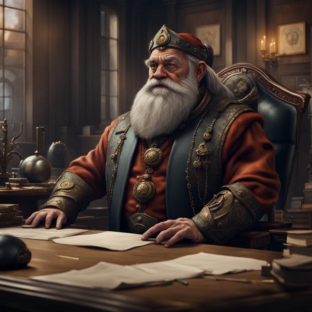 Babylon Dwarf Banker Portrait, Detailed Matte Painting