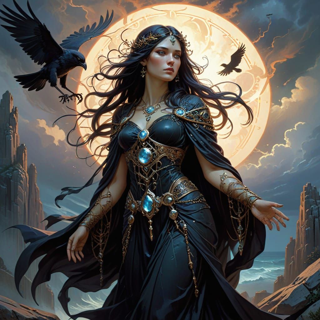 Necromancer Woman with Ravens in Art Nouveau Style
