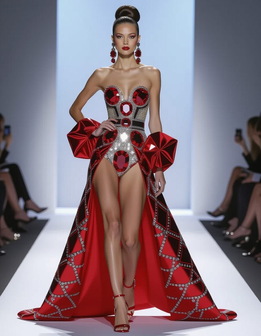 Playful Fashion Model with Long Legs in Graphic Style