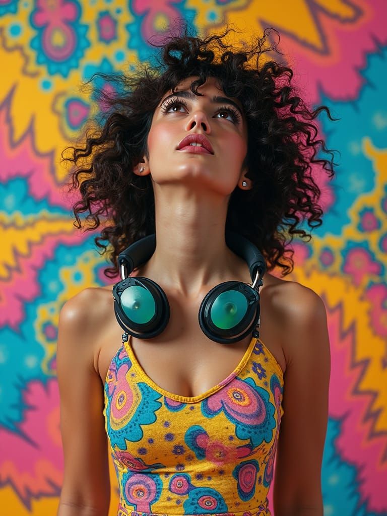 Psychedelic Portrait of Woman with Retro Headphones