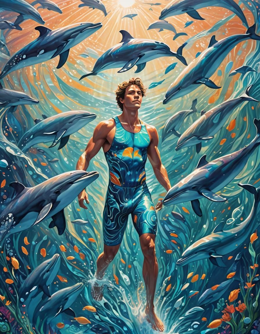 Ethereal Swimmer Surrounded by Whales, Fantasy Scene