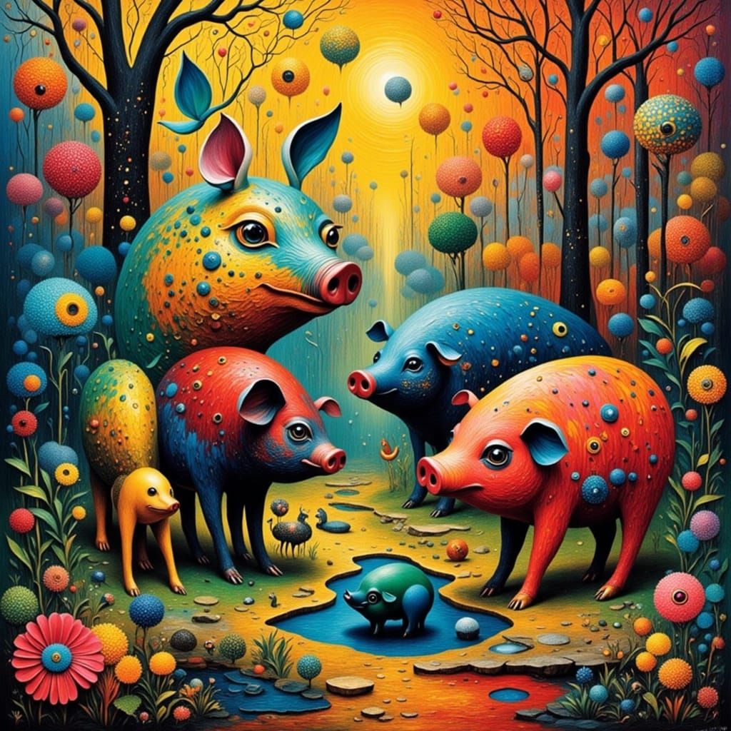 Vibrant Pigs in Pointillism Geometric Landscape