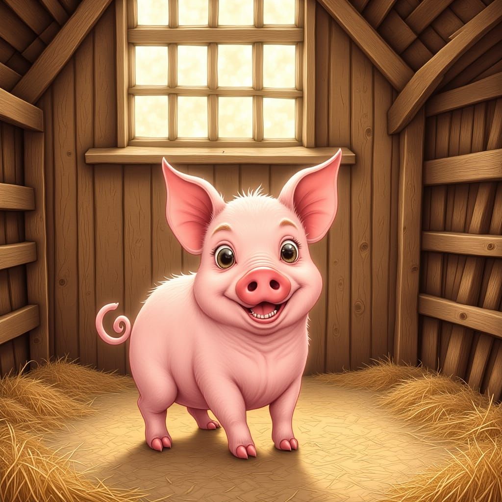 Cheerful Pig in Rustic Barn Hay Loft