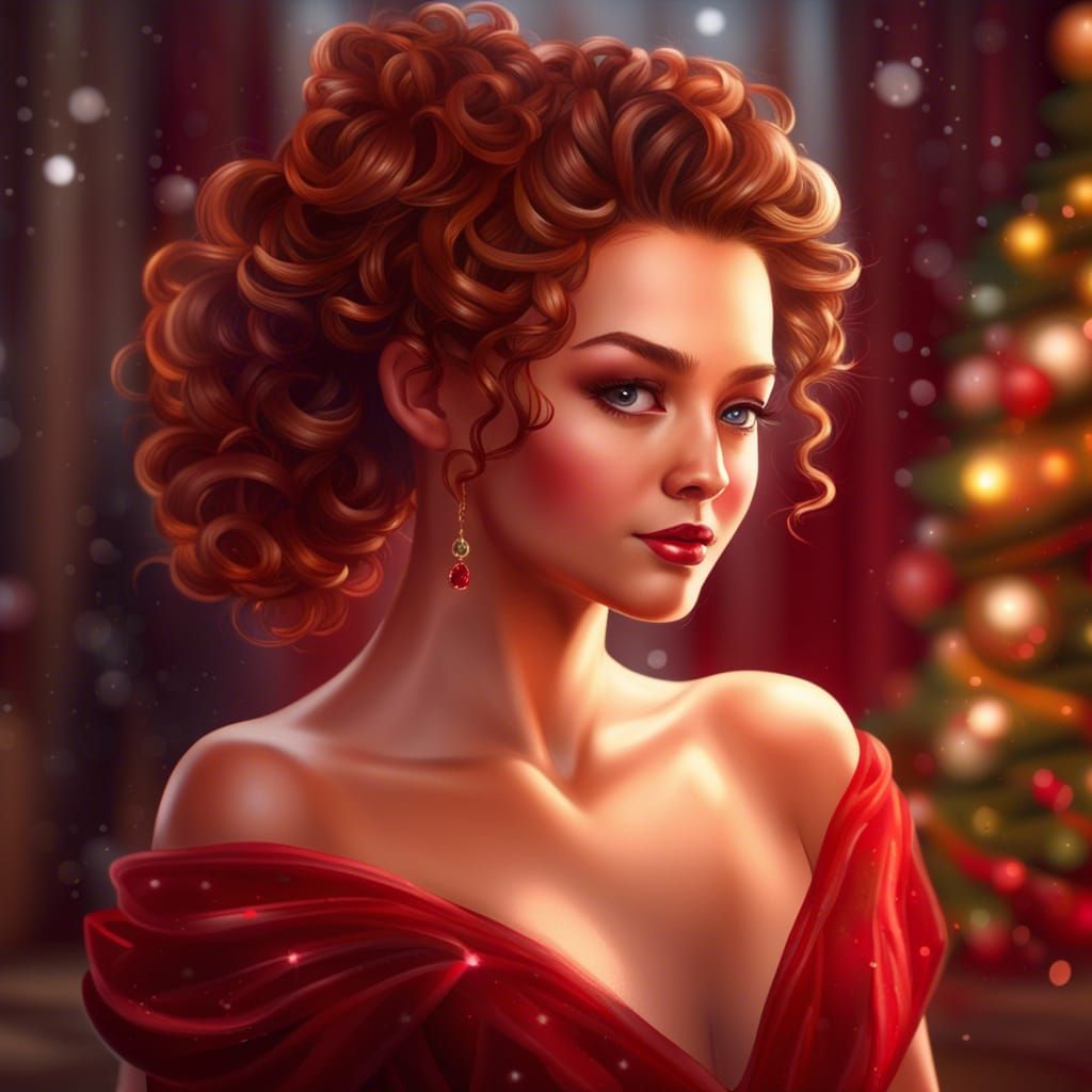 Elegant Woman in Ruby Gown: Hyperrealistic Christmas Art