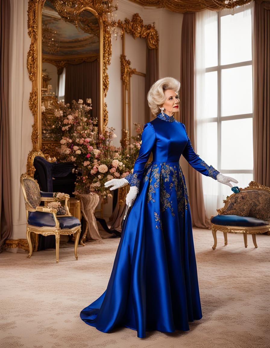 Satin Wonderland: Mature Woman in Royal Blue Dress