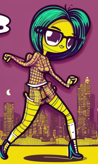 Cute Comic Character in Neon Cityscape