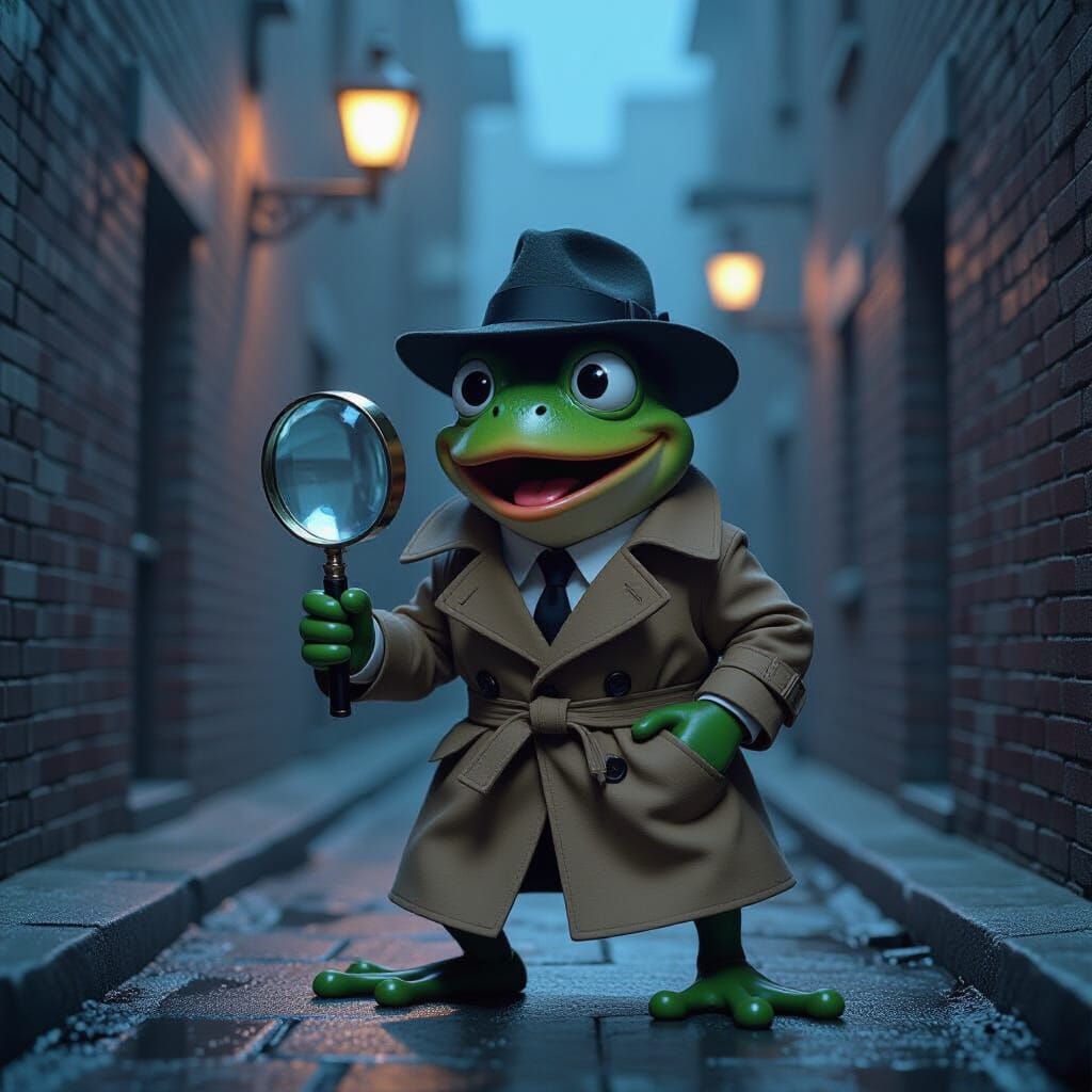 Noir Detective Frog Finds Clue in Misty Alley