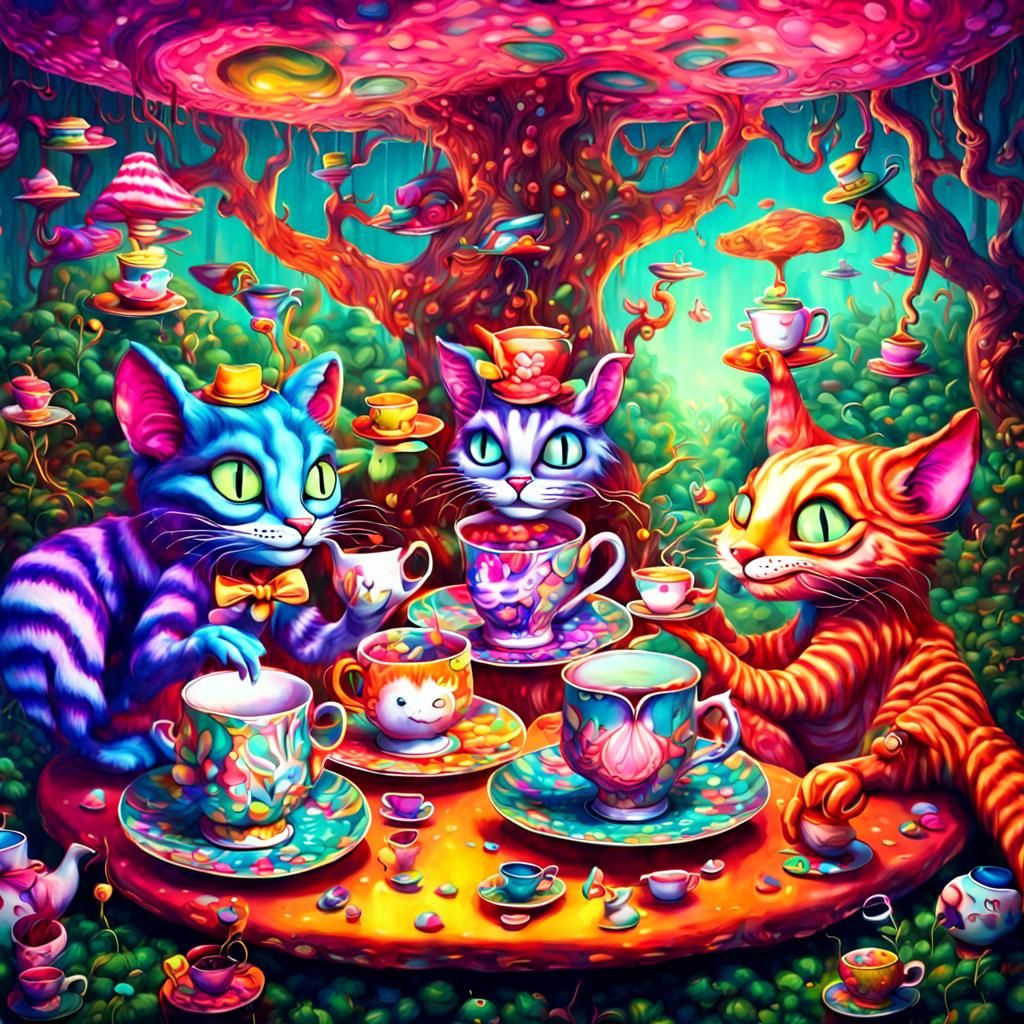 Whimsical, psychedelic scene with floating tea cups and talk...