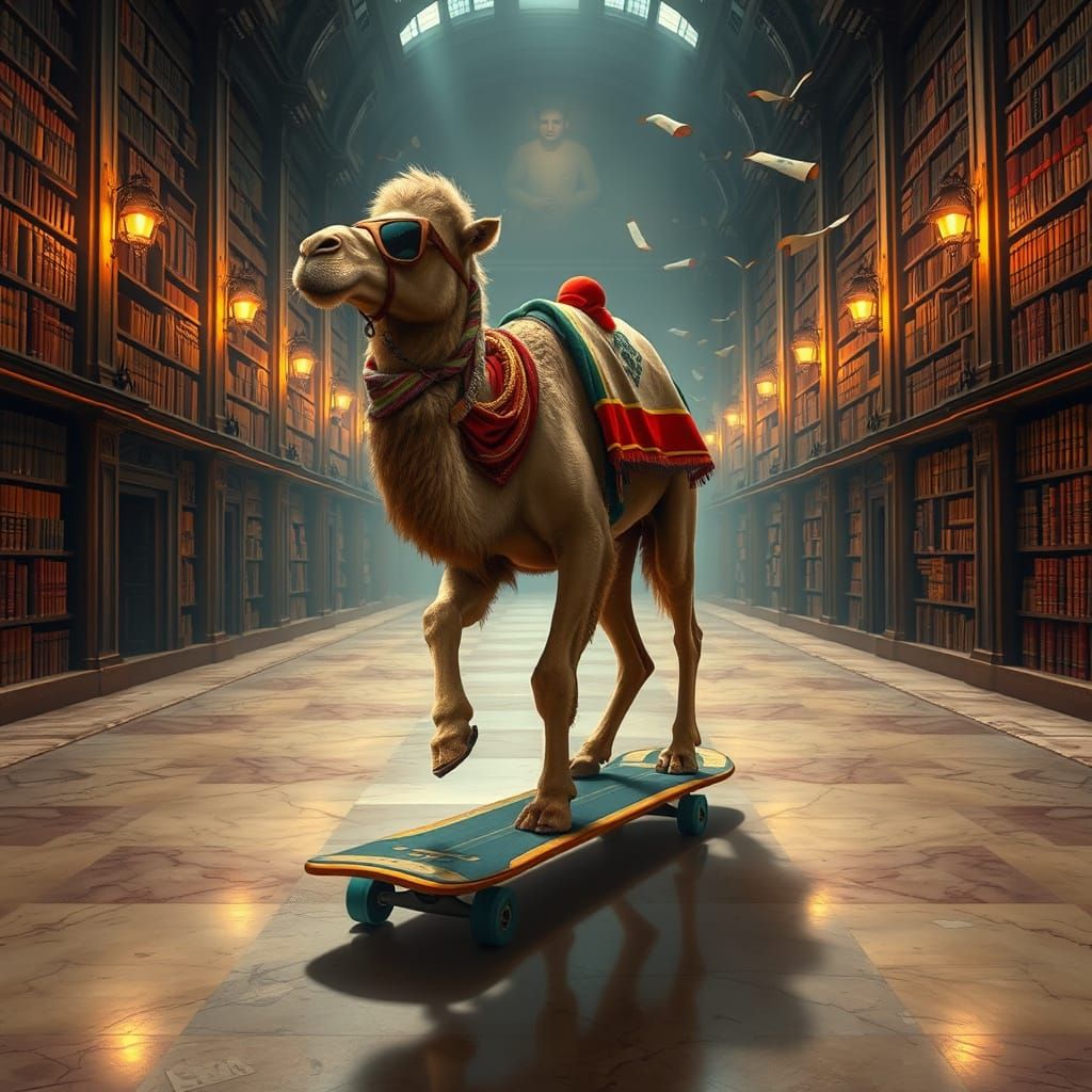 Camel Skates in Ancient Library, Digital Art