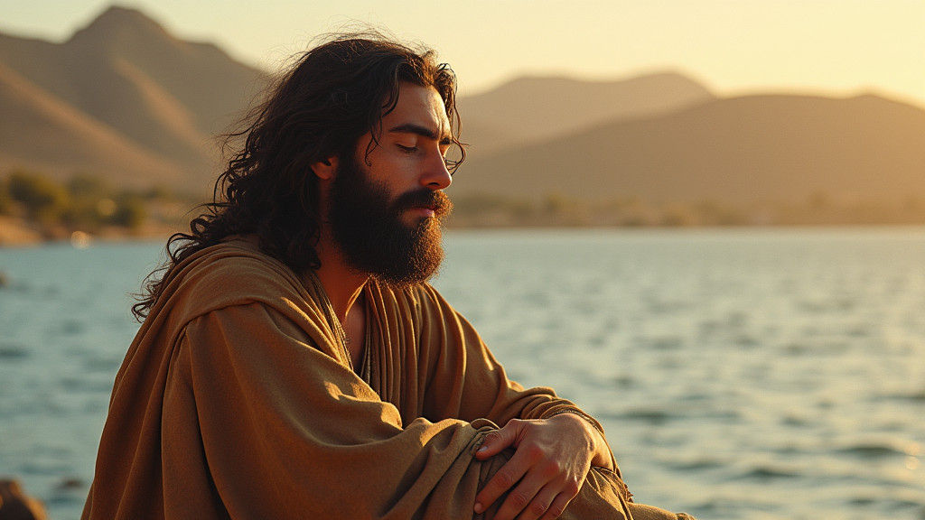 Jesus and Peter Embrace by Galilee in Bible Art Style