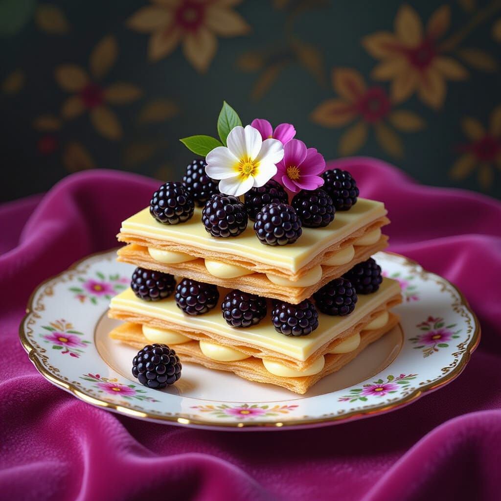 Mille-Feuille Pastry with Berries in Hyperrealistic Style