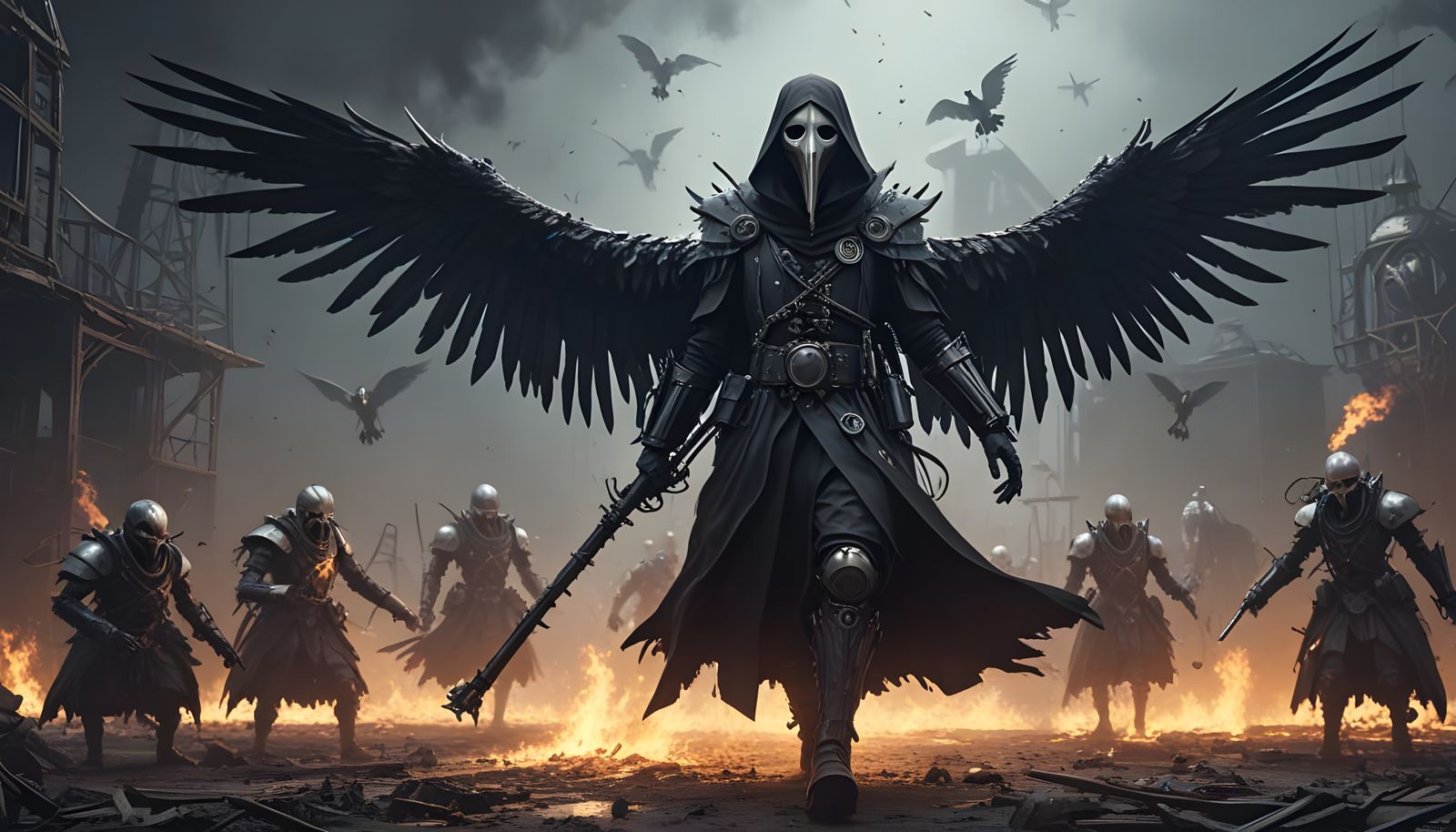 Biomechanical Plague Doctor Battles Clockwork Automatons