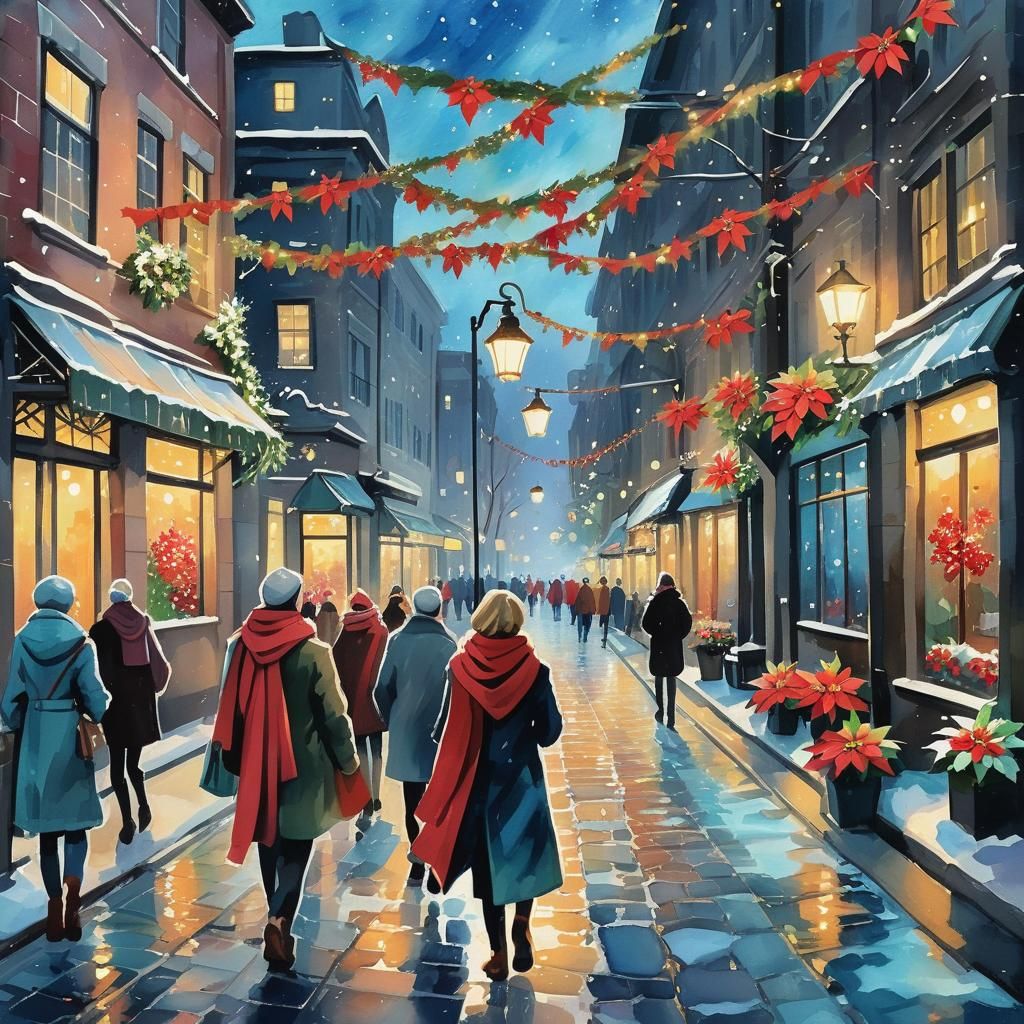 Whimsical Christmas Cityscape in Vibrant Impressionist Style