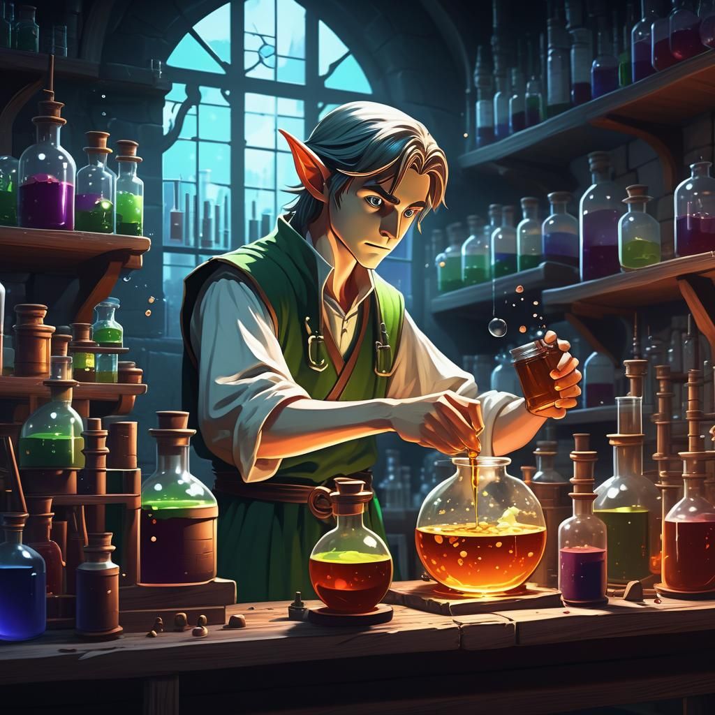 Half-Elf Alchemist Mixing Potions in Anime Style