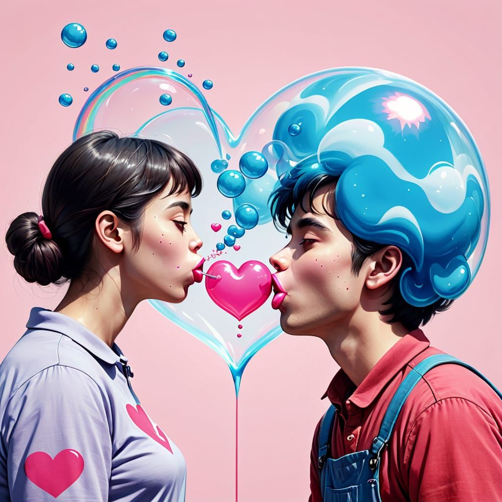 Illustrations of a person's bubblegum bubbles being blown in...