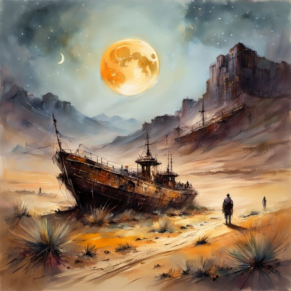 Ship in Desert Under Moon in Impressionist Gouache