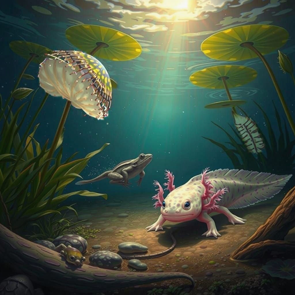 Vibrant Underwater Scene of Axolotl and Frog