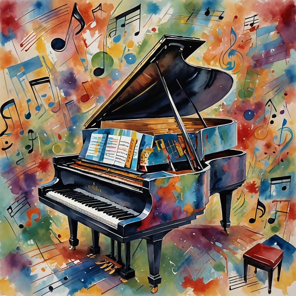 Grand Piano Surrounded by Music Notes: Gouache Style