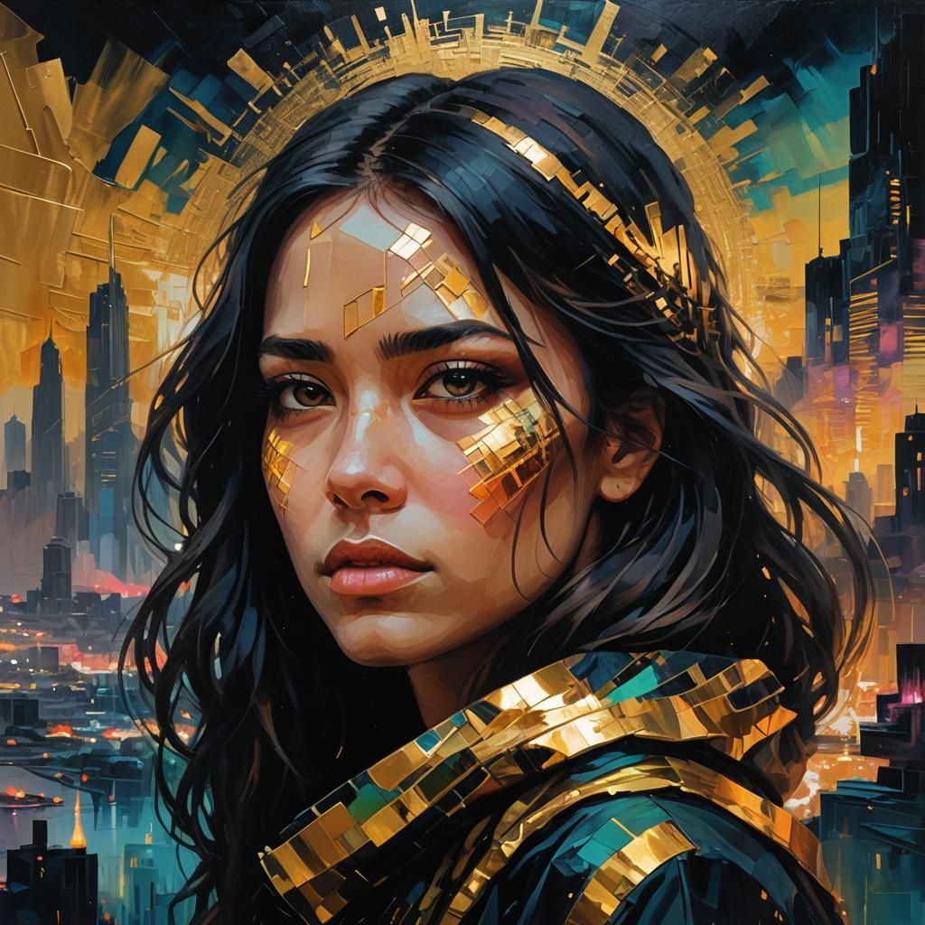 Mystical Girl Portrait in Gold Glitch Art Style