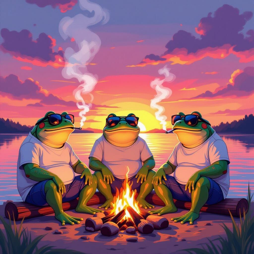Bullfrogs Socializing at Sunset in Digital Art