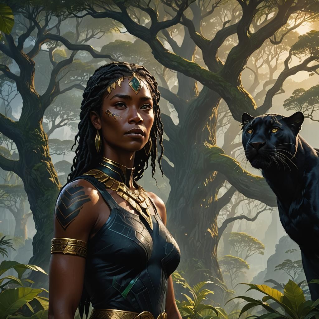 Amazon Woman Portrait with Panther in Art Nouveau Style