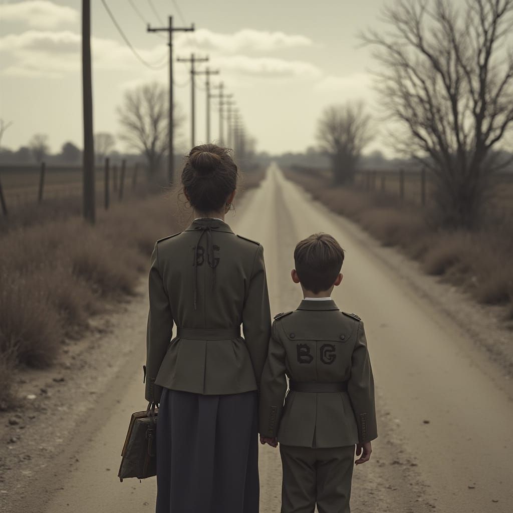 Em uma estrada rural devastada, uma mulher de vestes clássicas com um colar de pérolas e as iniciais 'BG' está com seu f...