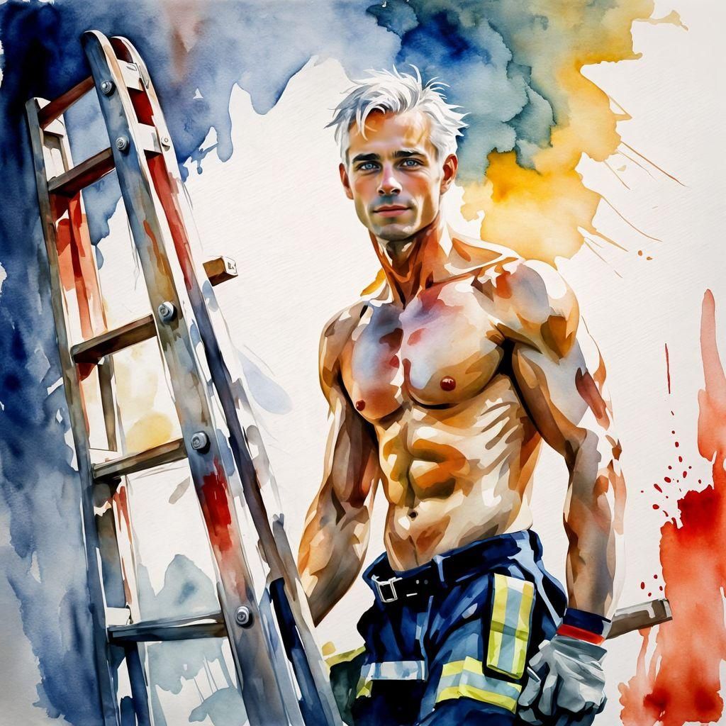 Joyful Young Fireman Portrait in Watercolor Style