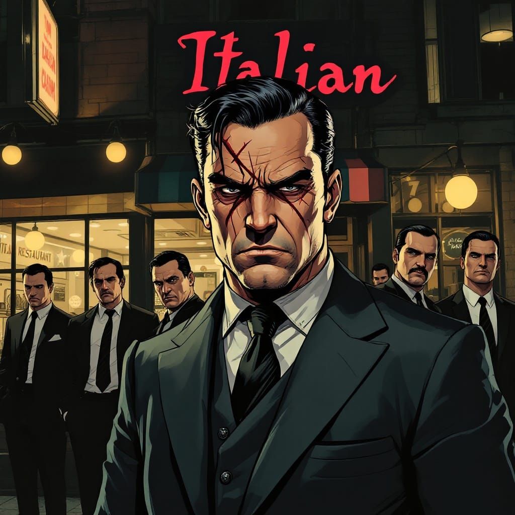 Mafia Boss in Italian Restaurant, Inspired by Comic Book Art