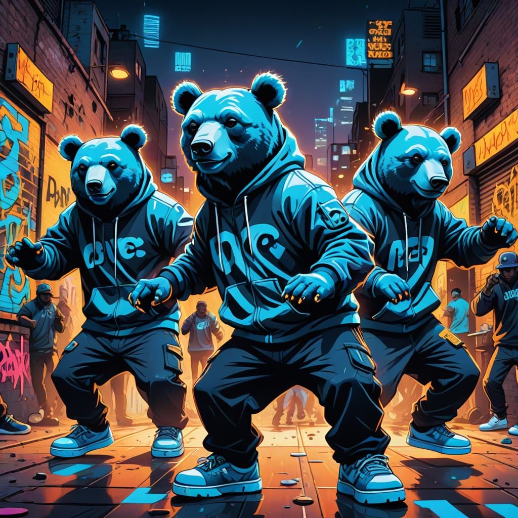 Blue Bears Dance Hip Hop in Vibrant Street Art Style