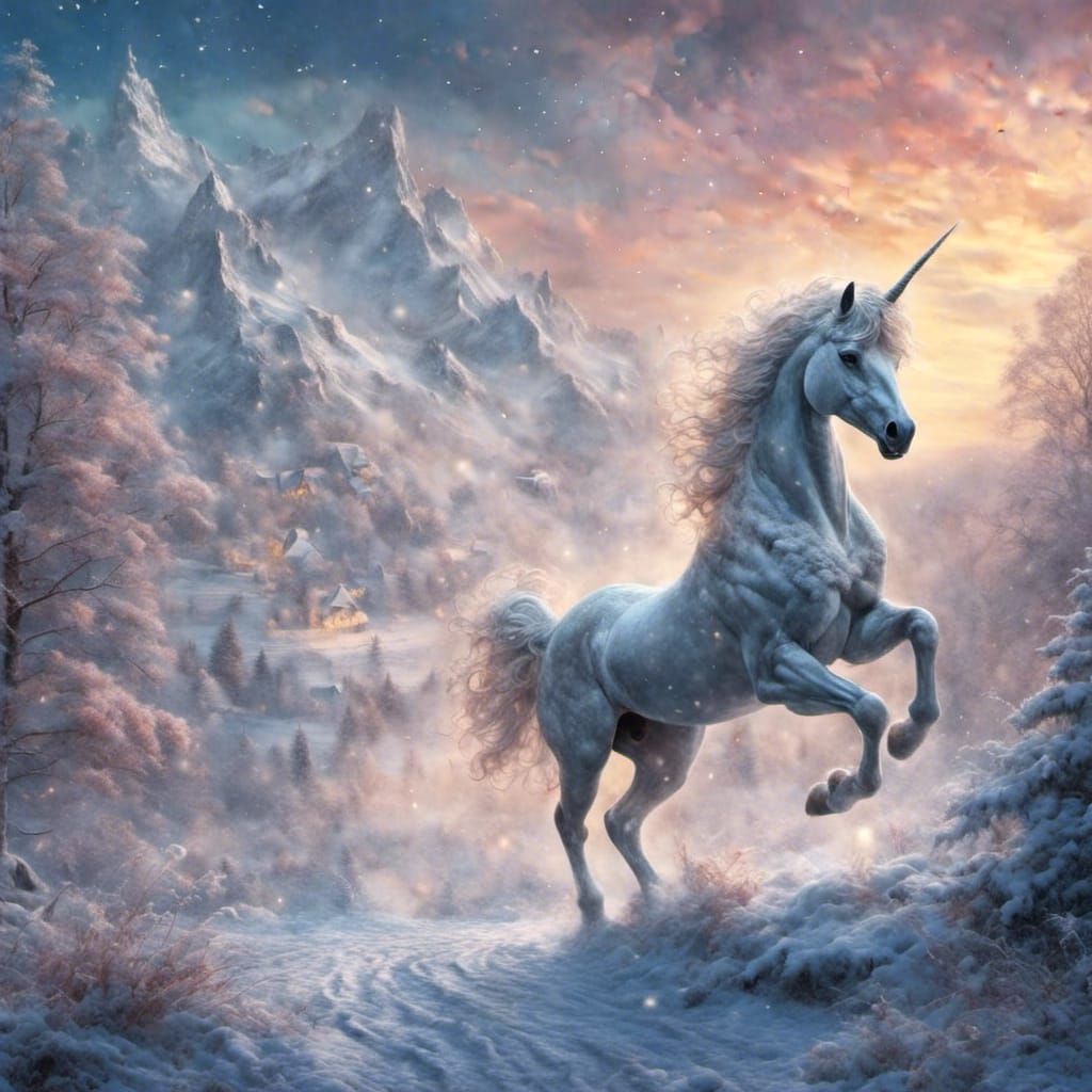 Pegasus and Centaur in Snowy Fantasy Landscape