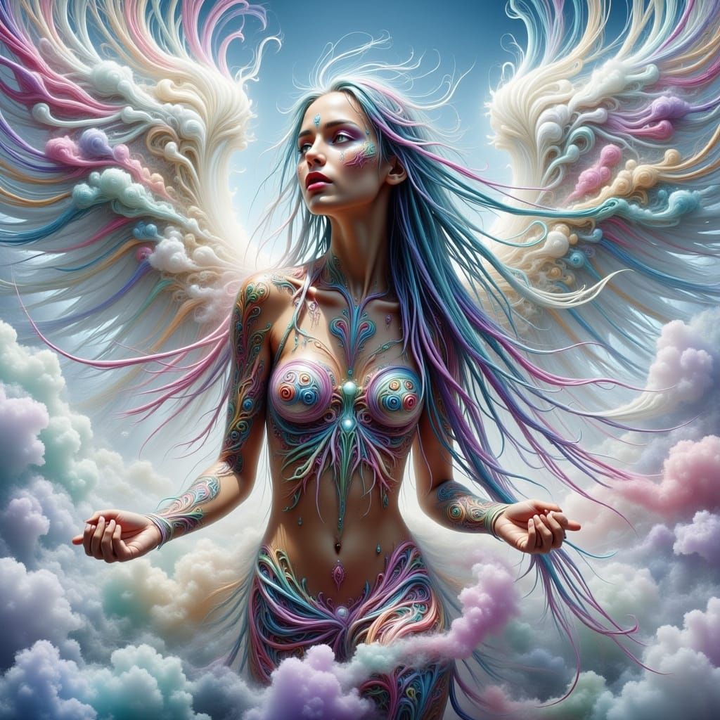 Surreal Woman with Feather Wings and Colorful Dreadlocks