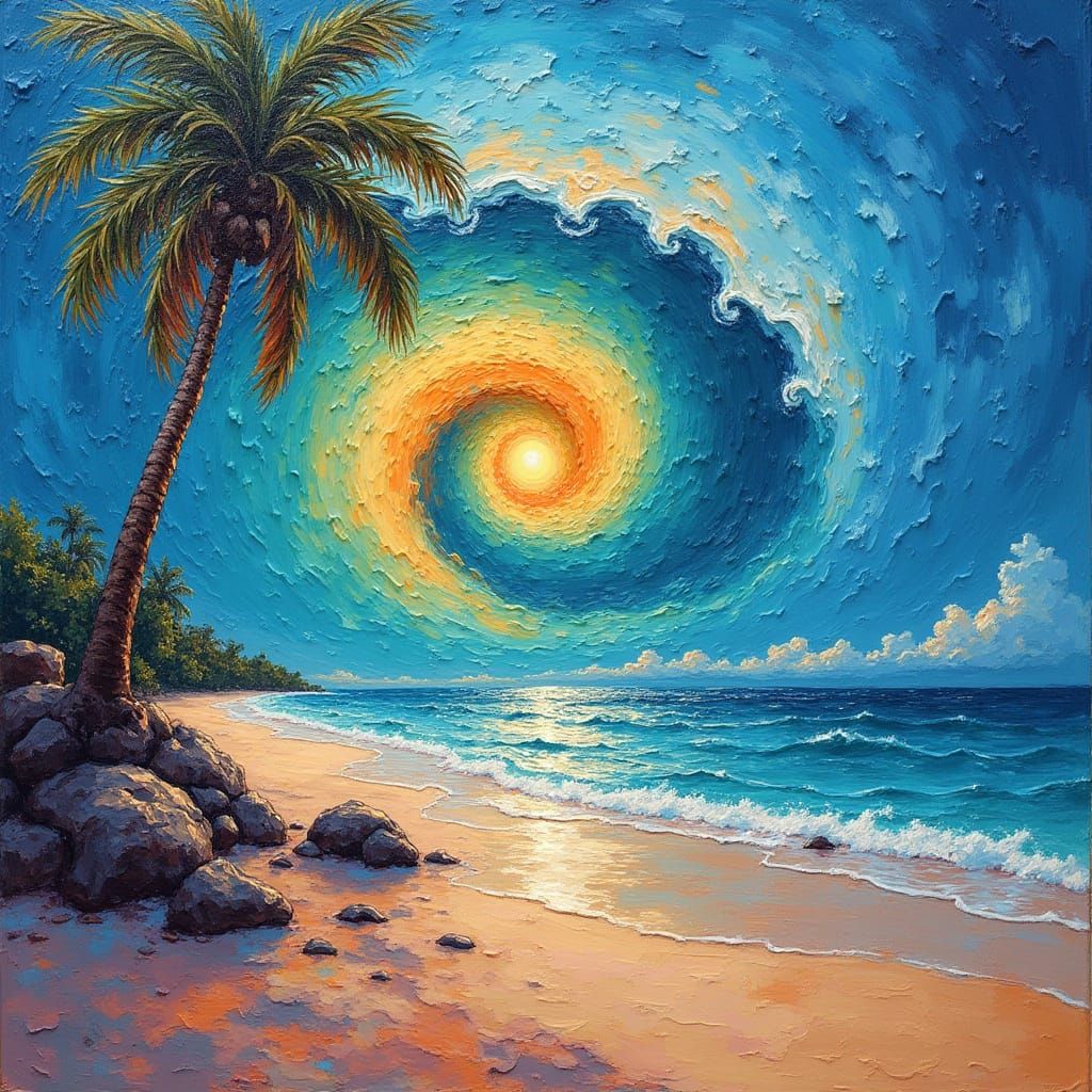 Golden Spiral UFO Unfurls on Tropical Beach in Neo-Impressio...
