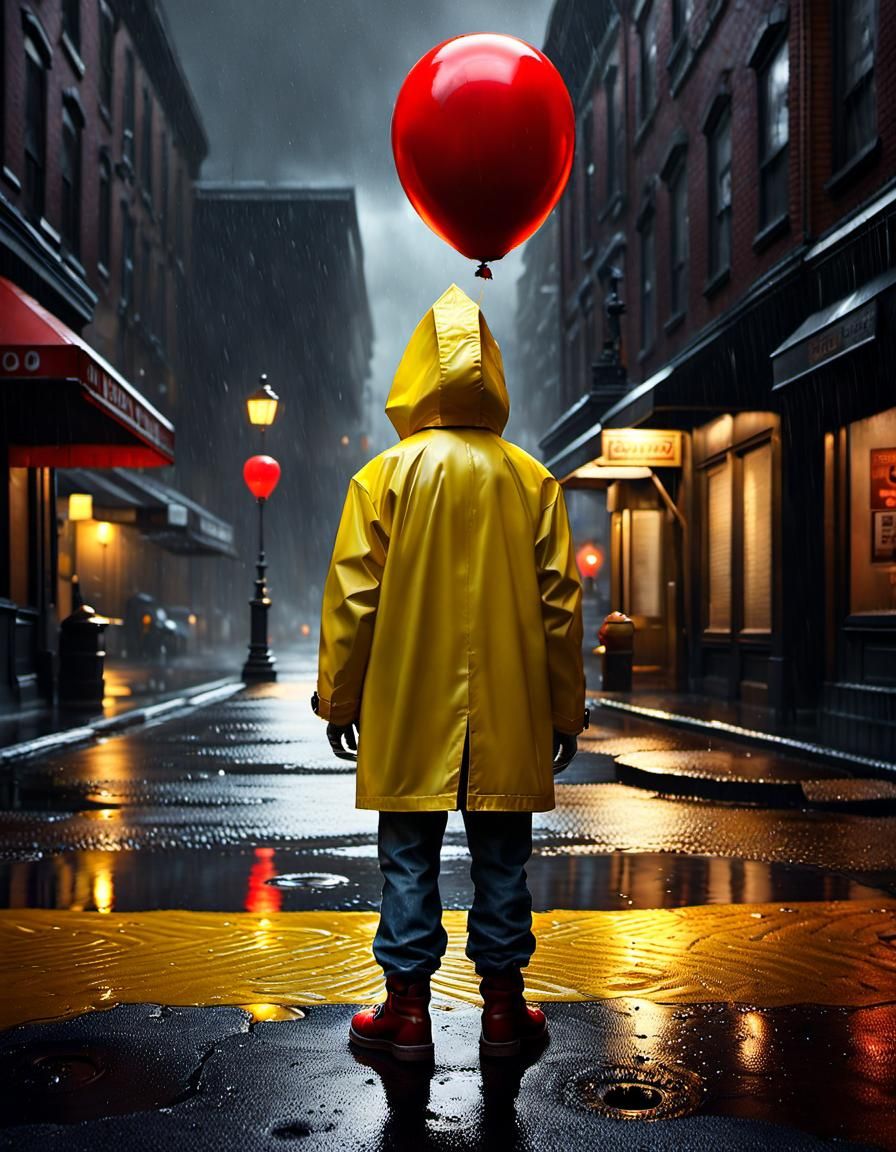 Boy With Red Balloon in Rain, Digital Art